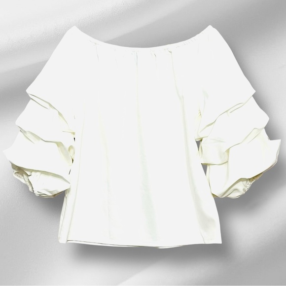 Cece Off Shoulder Blouse Womens S Ivory Tiered Balloon Sleeve Boho Chic Romantic - Picture 7 of 13